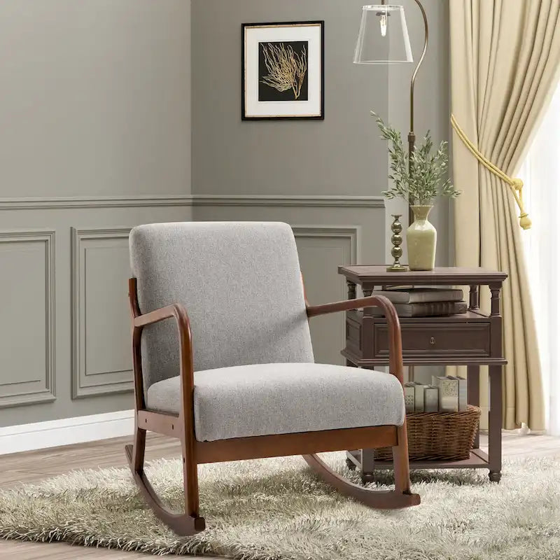 Fauteuil à bascule moderne gris à dossier haut de 64,3 cm avec base en bois massif