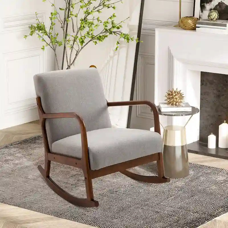 Fauteuil à bascule moderne gris à dossier haut de 64,3 cm avec base en bois massif