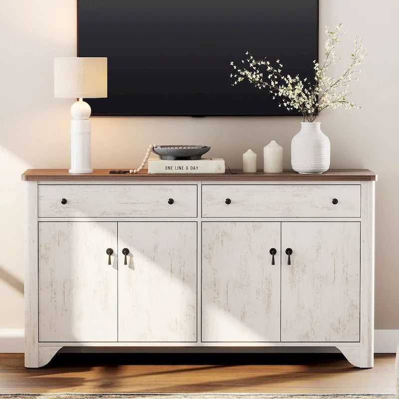 Meuble TV de ferme de 150 cm pour téléviseur de 65 pouces, meuble de divertissement en bois avec 2 tiroirs et placards de rangement, étagères réglables