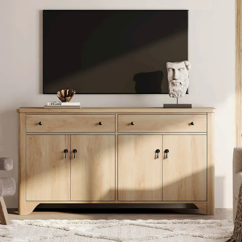 Meuble TV de ferme de 150 cm pour téléviseur de 65 pouces, meuble de divertissement en bois avec 2 tiroirs et placards de rangement, étagères réglables