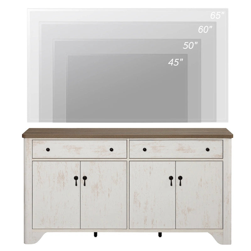 Meuble TV de ferme de 150 cm pour téléviseur de 65 pouces, meuble de divertissement en bois avec 2 tiroirs et placards de rangement, étagères réglables