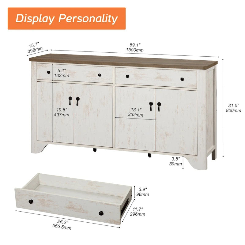 Meuble TV de ferme de 150 cm pour téléviseur de 65 pouces, meuble de divertissement en bois avec 2 tiroirs et placards de rangement, étagères réglables