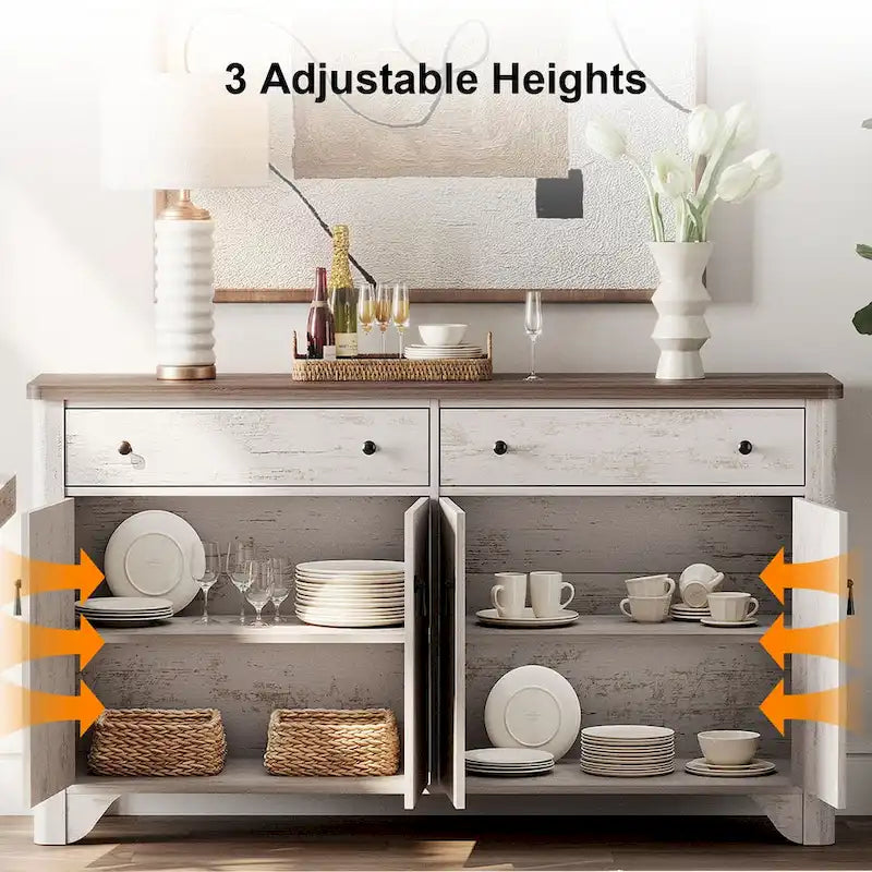 Meuble TV de ferme de 150 cm pour téléviseur de 65 pouces, meuble de divertissement en bois avec 2 tiroirs et placards de rangement, étagères réglables