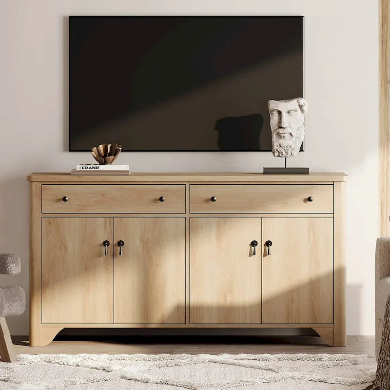 Meuble TV de ferme de 150 cm pour téléviseur de 65 pouces, meuble de divertissement en bois avec 2 tiroirs et placards de rangement, étagères réglables