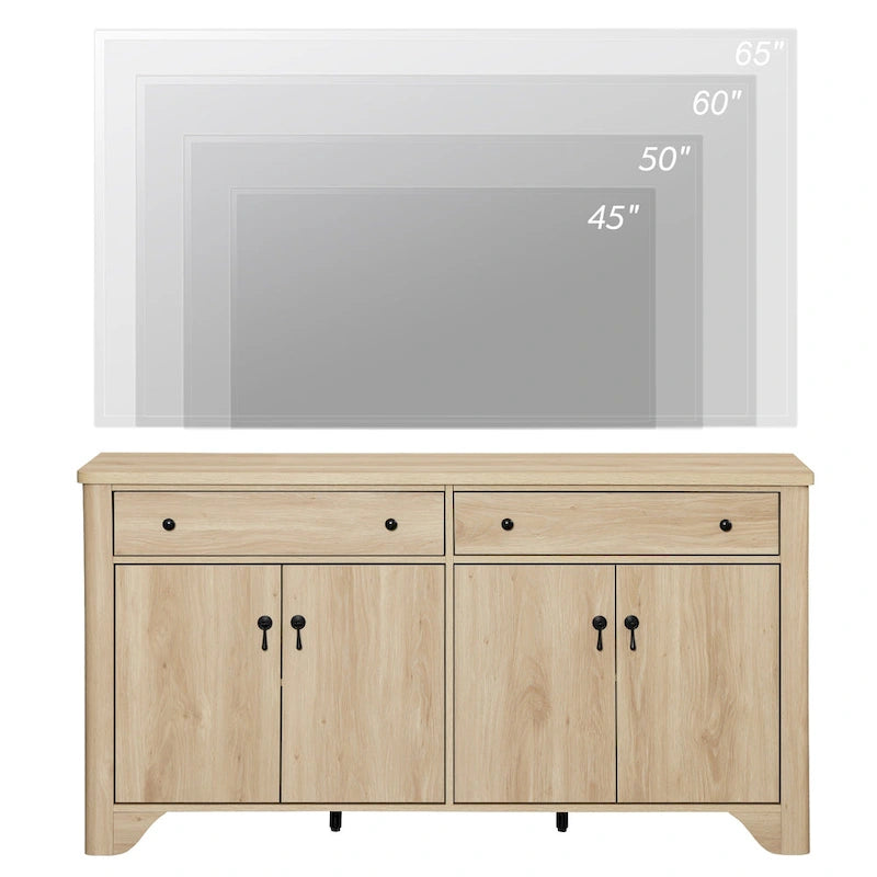Meuble TV de ferme de 150 cm pour téléviseur de 65 pouces, meuble de divertissement en bois avec 2 tiroirs et placards de rangement, étagères réglables