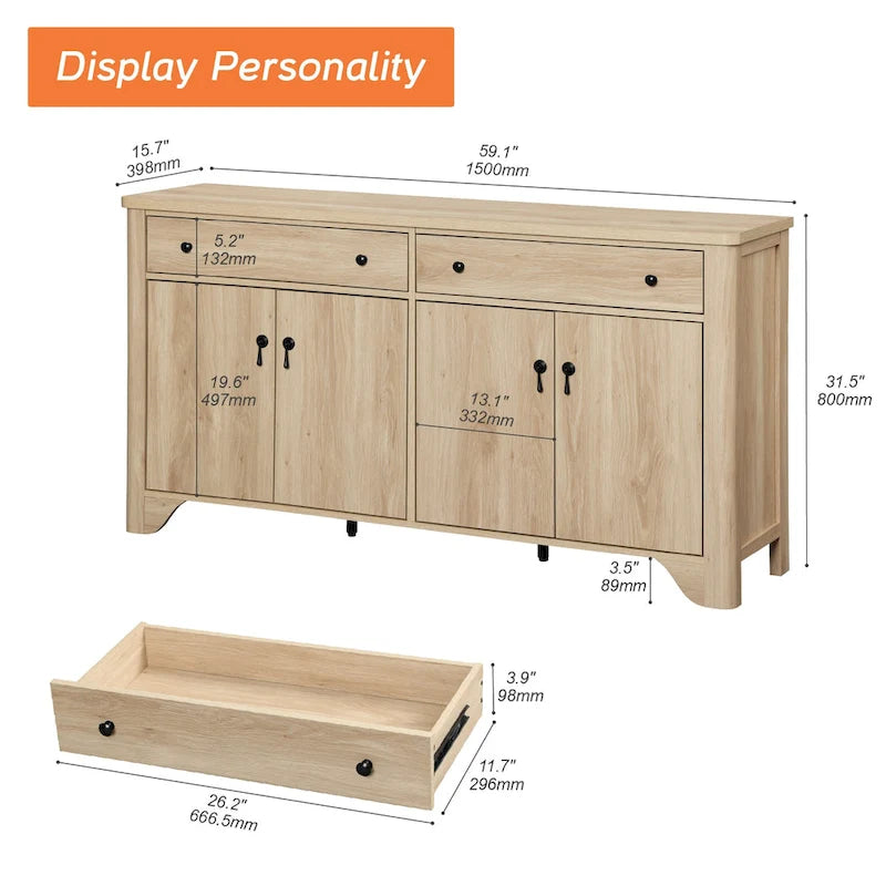 Meuble TV de ferme de 150 cm pour téléviseur de 65 pouces, meuble de divertissement en bois avec 2 tiroirs et placards de rangement, étagères réglables