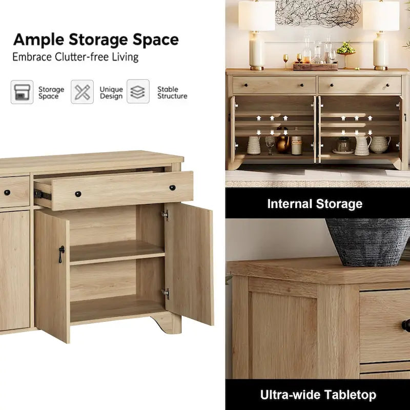Meuble TV de ferme de 150 cm pour téléviseur de 65 pouces, meuble de divertissement en bois avec 2 tiroirs et placards de rangement, étagères réglables