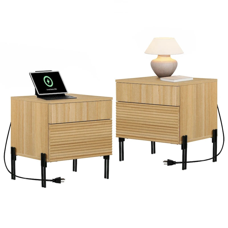 Table de chevet cannelée avec station de recharge, table d'appoint moderne à 2 tiroirs