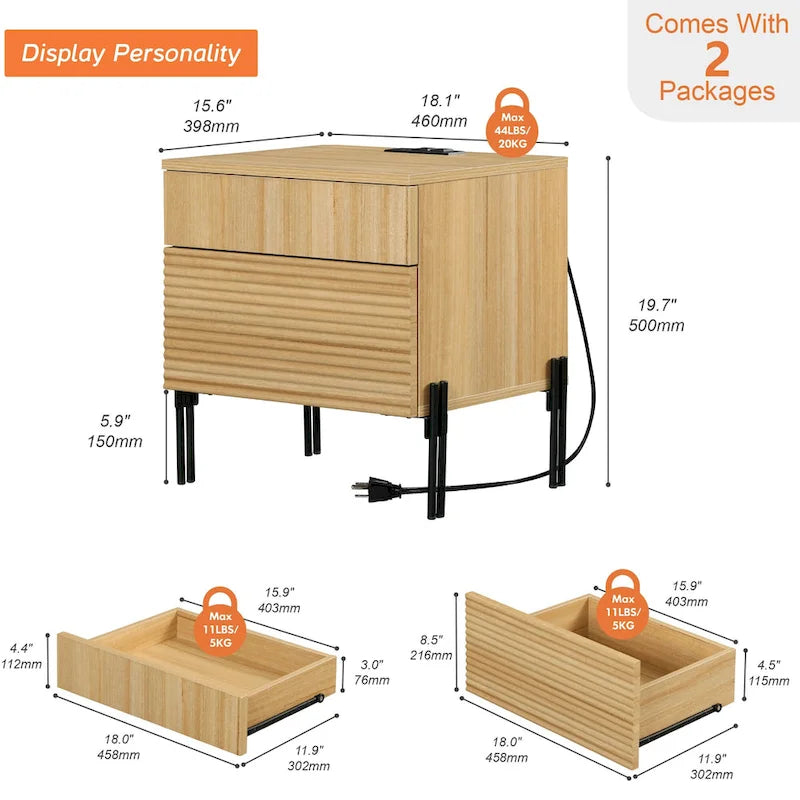 Table de chevet cannelée avec station de recharge, table d'appoint moderne à 2 tiroirs