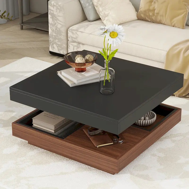 Table basse carrée à 2 niveaux rotative à 360° avec 3 plateaux amovibles