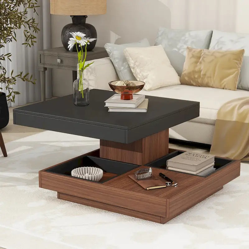 Table basse carrée à 2 niveaux rotative à 360° avec 3 plateaux amovibles