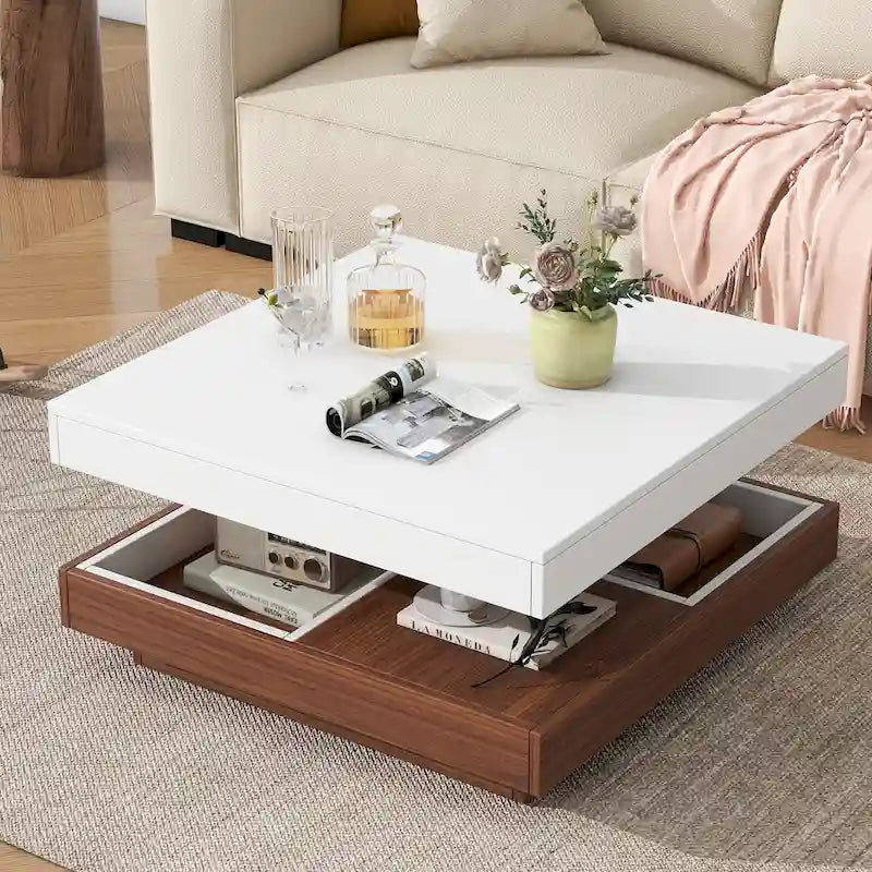 Table basse carrée à 2 niveaux rotative à 360° avec 3 plateaux amovibles