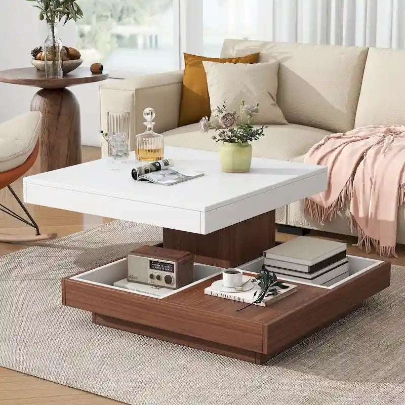 Table basse carrée à 2 niveaux rotative à 360° avec 3 plateaux amovibles