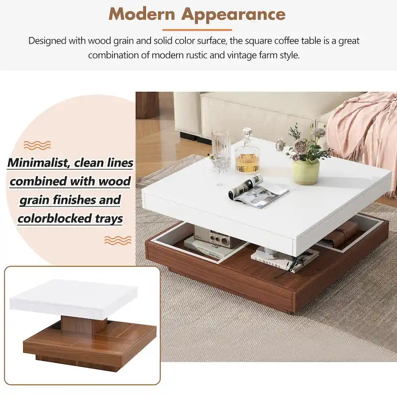 Table basse carrée à 2 niveaux rotative à 360° avec 3 plateaux amovibles