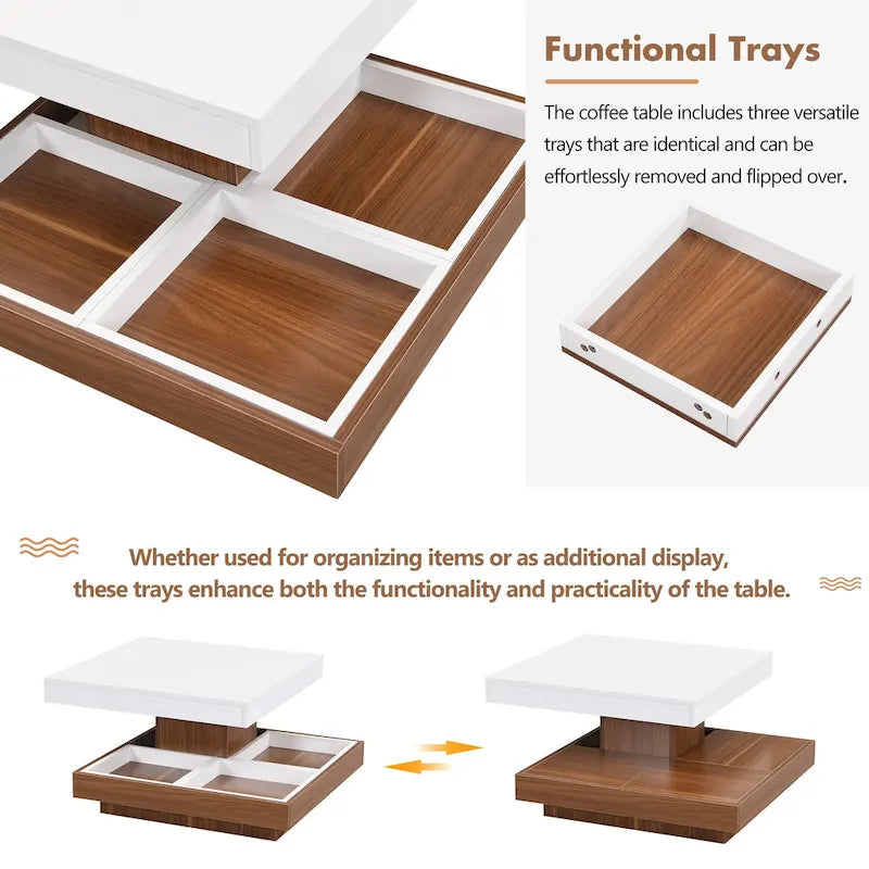 Table basse carrée à 2 niveaux rotative à 360° avec 3 plateaux amovibles