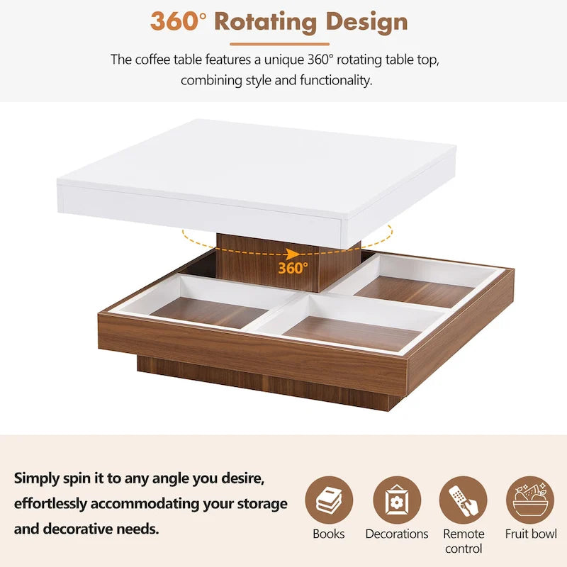Table basse carrée à 2 niveaux rotative à 360° avec 3 plateaux amovibles