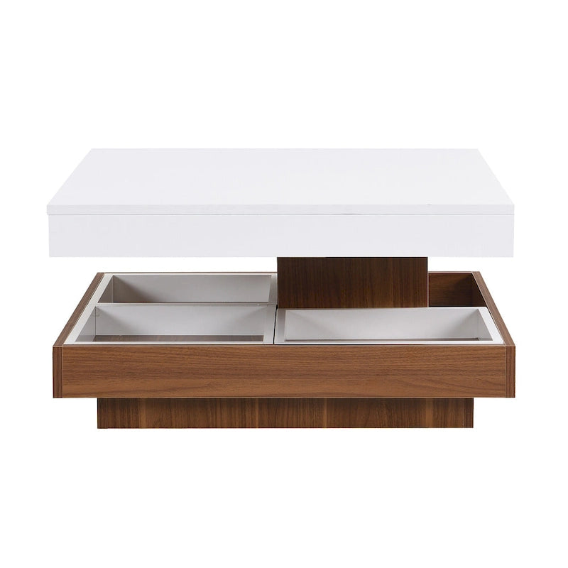 Table basse carrée à 2 niveaux rotative à 360° avec 3 plateaux amovibles