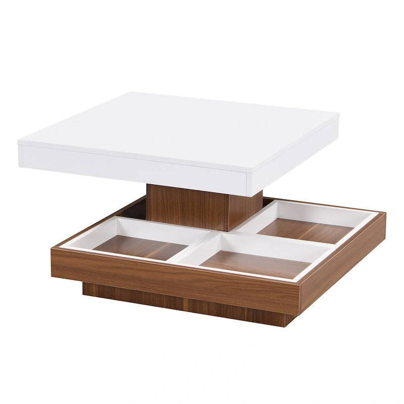Table basse carrée à 2 niveaux rotative à 360° avec 3 plateaux amovibles