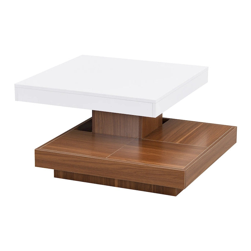 Table basse carrée à 2 niveaux rotative à 360° avec 3 plateaux amovibles