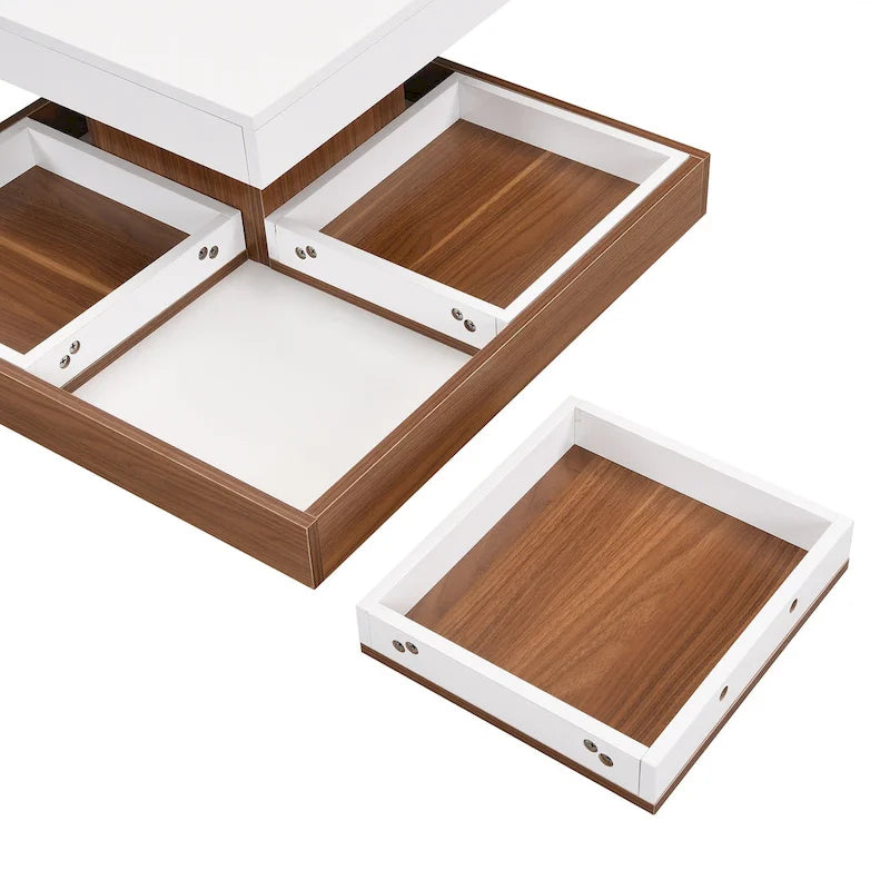 Table basse carrée à 2 niveaux rotative à 360° avec 3 plateaux amovibles