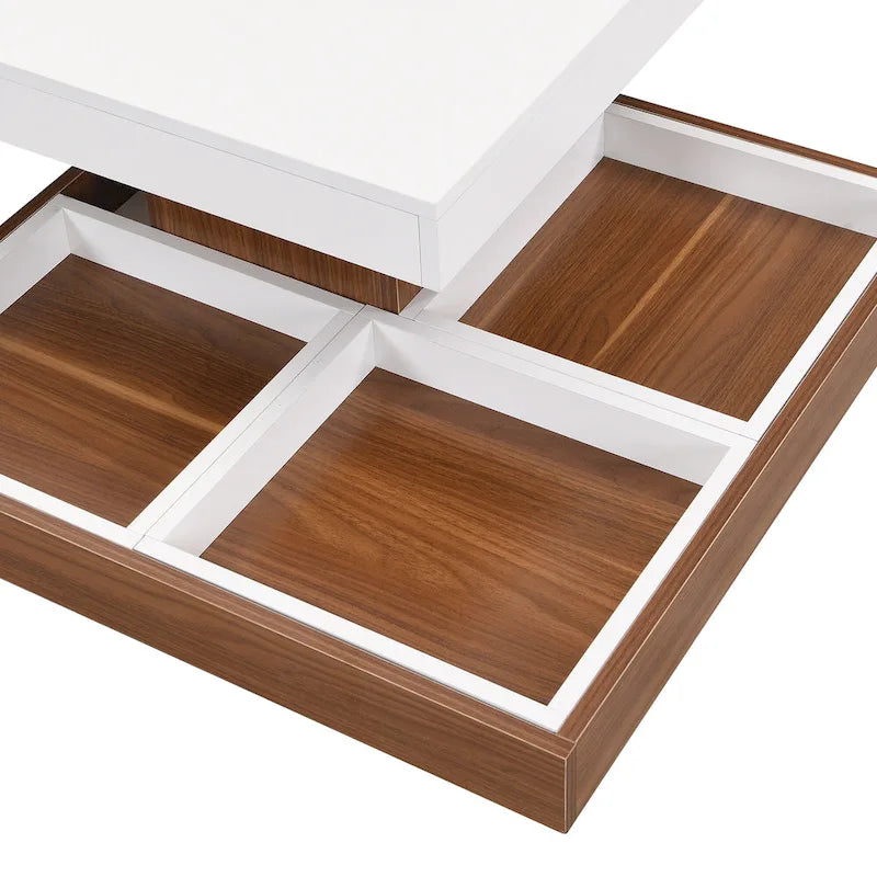 Table basse carrée à 2 niveaux rotative à 360° avec 3 plateaux amovibles