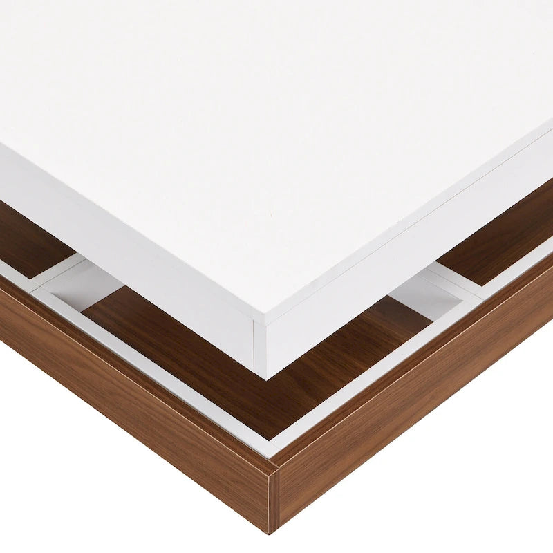 Table basse carrée à 2 niveaux rotative à 360° avec 3 plateaux amovibles