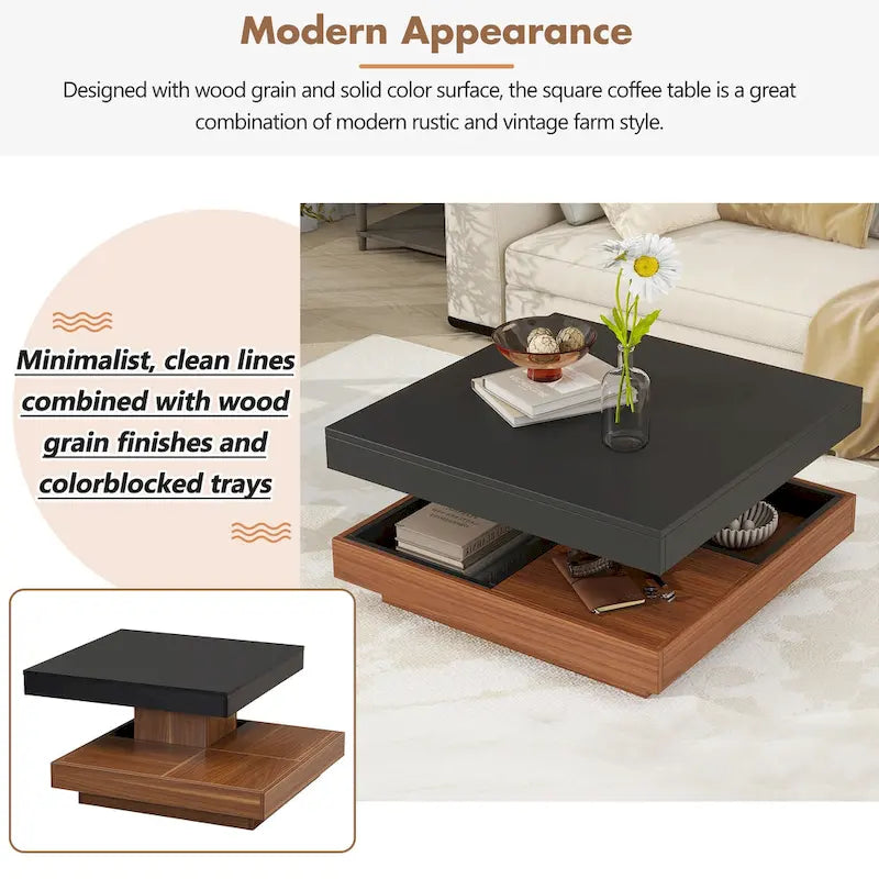 Table basse carrée à 2 niveaux rotative à 360° avec 3 plateaux amovibles