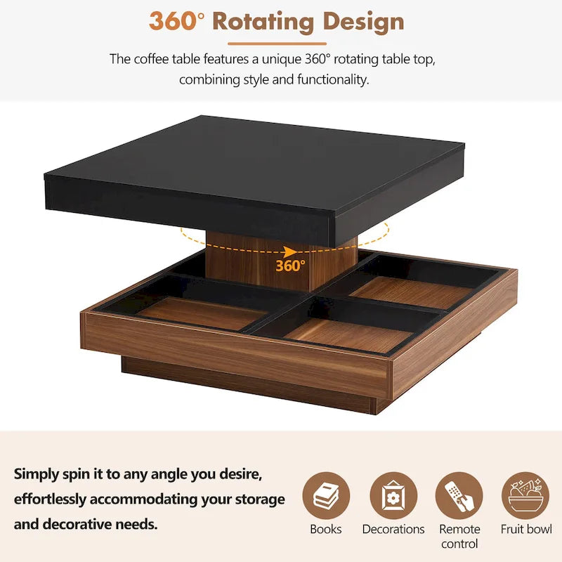 Table basse carrée à 2 niveaux rotative à 360° avec 3 plateaux amovibles