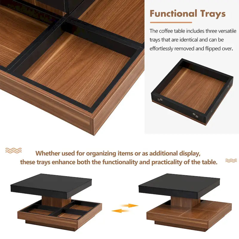 Table basse carrée à 2 niveaux rotative à 360° avec 3 plateaux amovibles