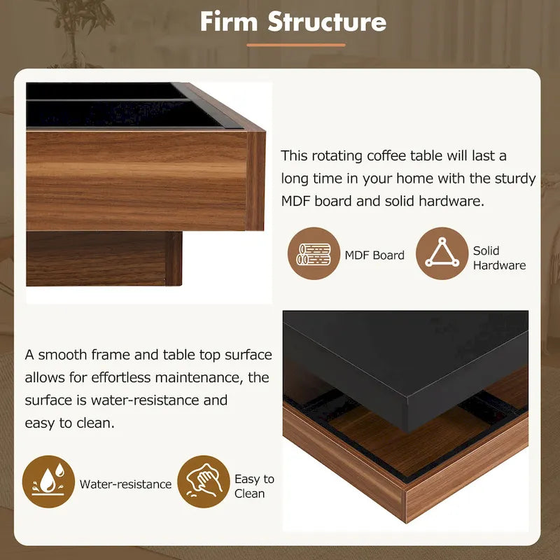 Table basse carrée à 2 niveaux rotative à 360° avec 3 plateaux amovibles