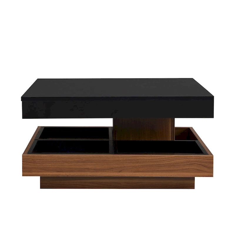 Table basse carrée à 2 niveaux rotative à 360° avec 3 plateaux amovibles
