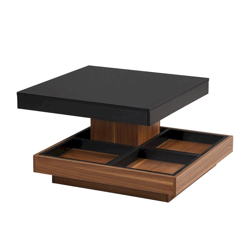 Table basse carrée à 2 niveaux rotative à 360° avec 3 plateaux amovibles
