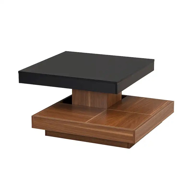 Table basse carrée à 2 niveaux rotative à 360° avec 3 plateaux amovibles