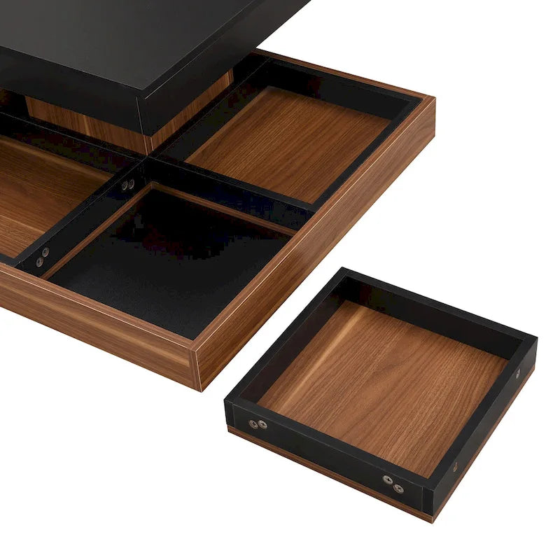 Table basse carrée à 2 niveaux rotative à 360° avec 3 plateaux amovibles