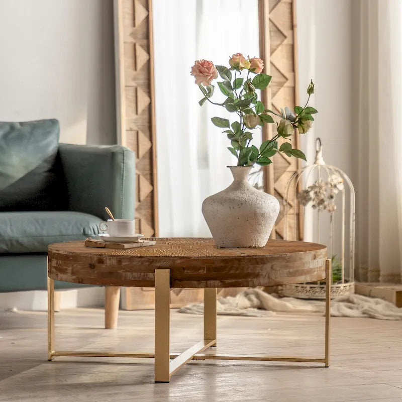 Table basse ronde à épissure rétro moderne, table basse simple avec plateau en bois de sapin et pieds croisés dorés, pour salon