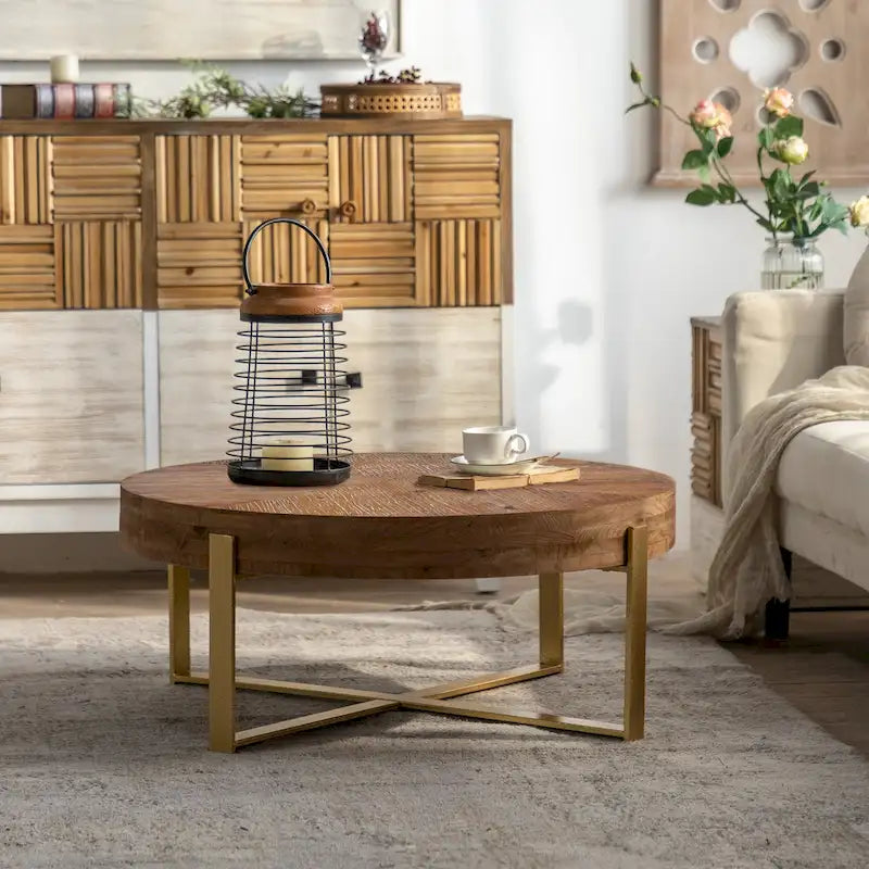 Table basse ronde à épissure rétro moderne, table basse simple avec plateau en bois de sapin et pieds croisés dorés, pour salon