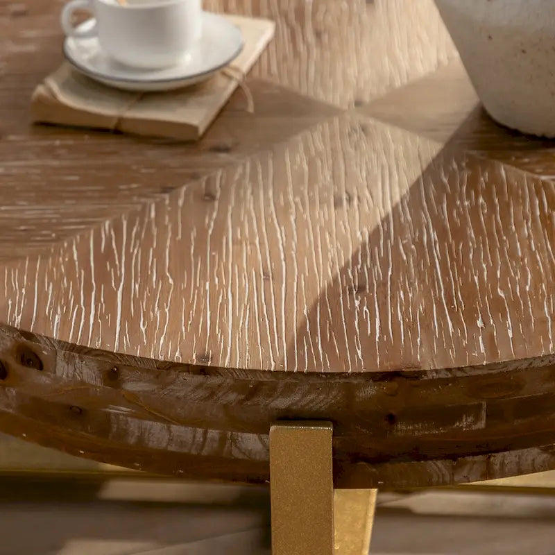Table basse ronde à épissure rétro moderne, table basse simple avec plateau en bois de sapin et pieds croisés dorés, pour salon