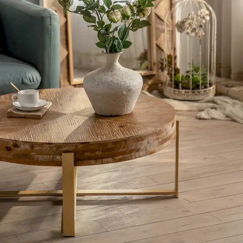 Table basse ronde à épissure rétro moderne, table basse simple avec plateau en bois de sapin et pieds croisés dorés, pour salon