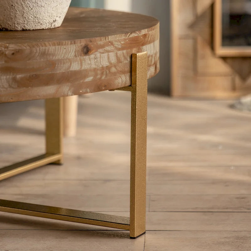Table basse ronde à épissure rétro moderne, table basse simple avec plateau en bois de sapin et pieds croisés dorés, pour salon
