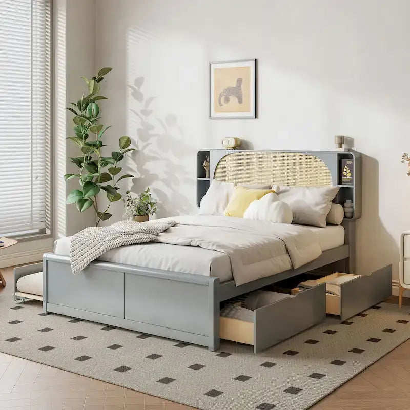 Lit plateforme Queen Size avec tête de lit en rotin, 2 tiroirs et lit gigogne, cadre de lit en bois avec étagères