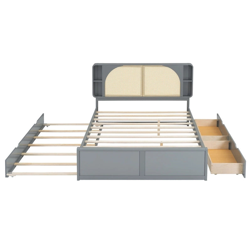 Lit plateforme Queen Size avec tête de lit en rotin, 2 tiroirs et lit gigogne, cadre de lit en bois avec étagères