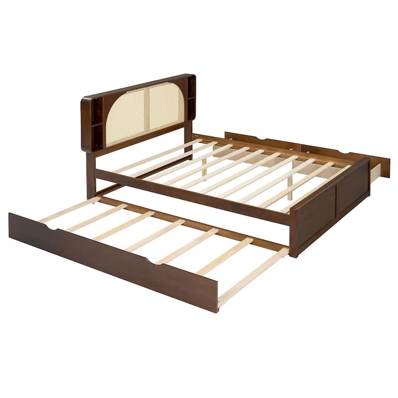 Lit plateforme Queen Size avec tête de lit en rotin, 2 tiroirs et lit gigogne, cadre de lit en bois avec étagères