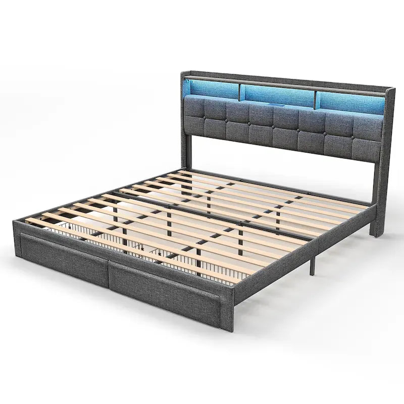 Lit plateforme King Size avec station de recharge rapide et tête de lit de rangement, éclairage RVB, ports USB 20W