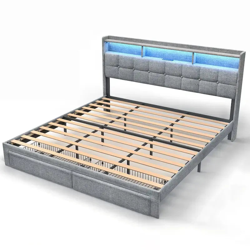 Lit plateforme King Size avec station de recharge rapide et tête de lit de rangement, éclairage RVB, ports USB 20W