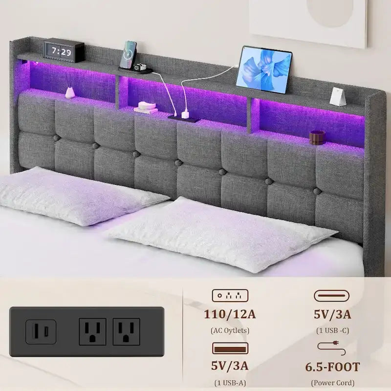 Lit plateforme King Size avec station de recharge rapide et tête de lit de rangement, éclairage RVB, ports USB 20W
