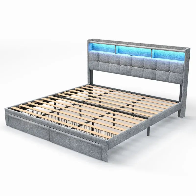 Lit plateforme King Size avec station de recharge rapide et tête de lit de rangement, éclairage RVB, ports USB 20W