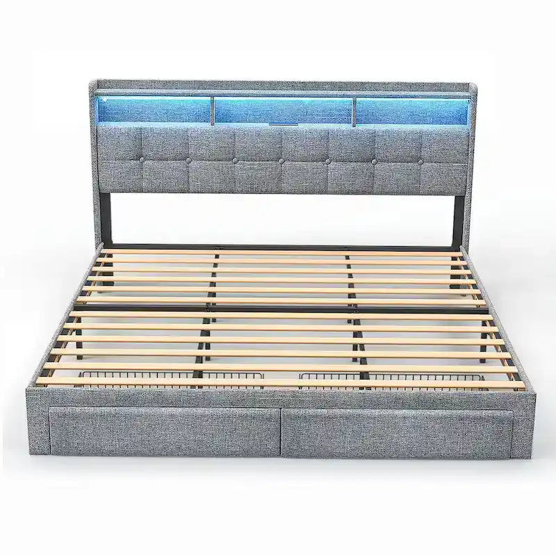 Lit plateforme King Size avec station de recharge rapide et tête de lit de rangement, éclairage RVB, ports USB 20W
