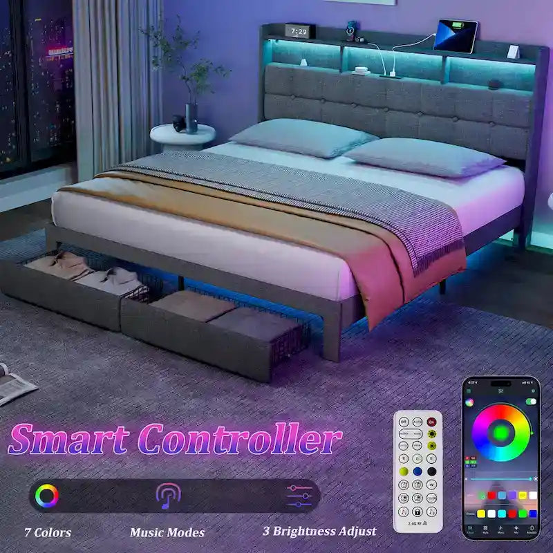 Lit plateforme King Size avec station de recharge rapide et tête de lit de rangement, éclairage RVB, ports USB 20W