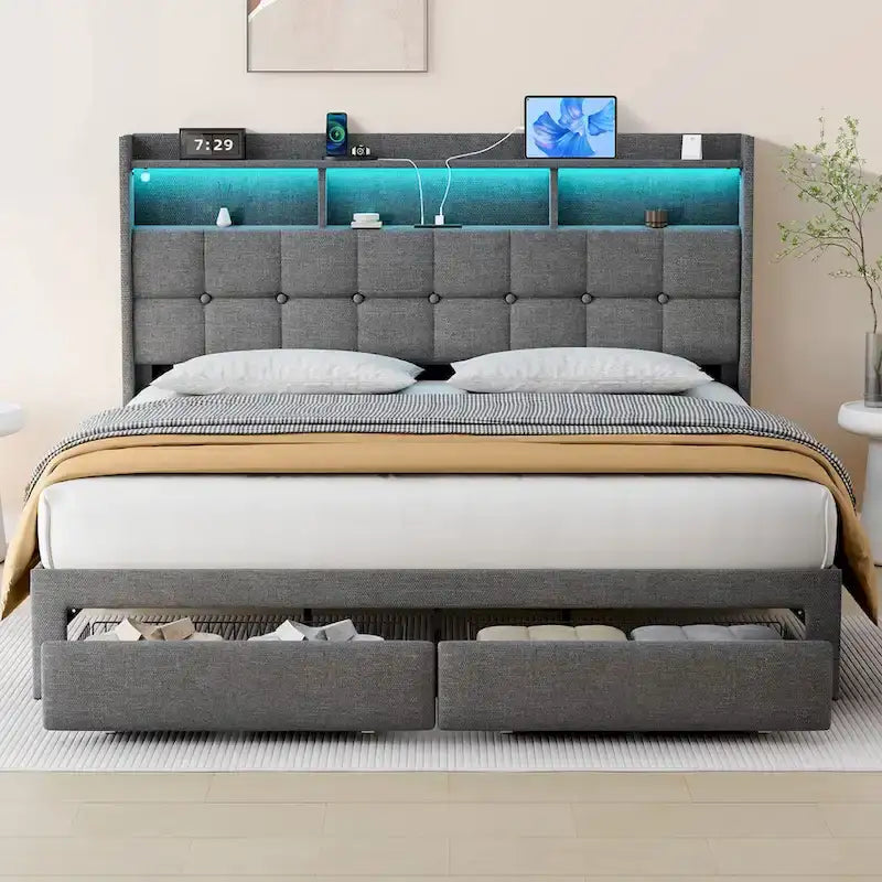 Lit plateforme King Size avec station de recharge rapide et tête de lit de rangement, éclairage RVB, ports USB 20W