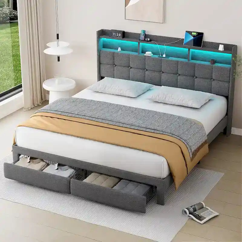 Lit plateforme King Size avec station de recharge rapide et tête de lit de rangement, éclairage RVB, ports USB 20W